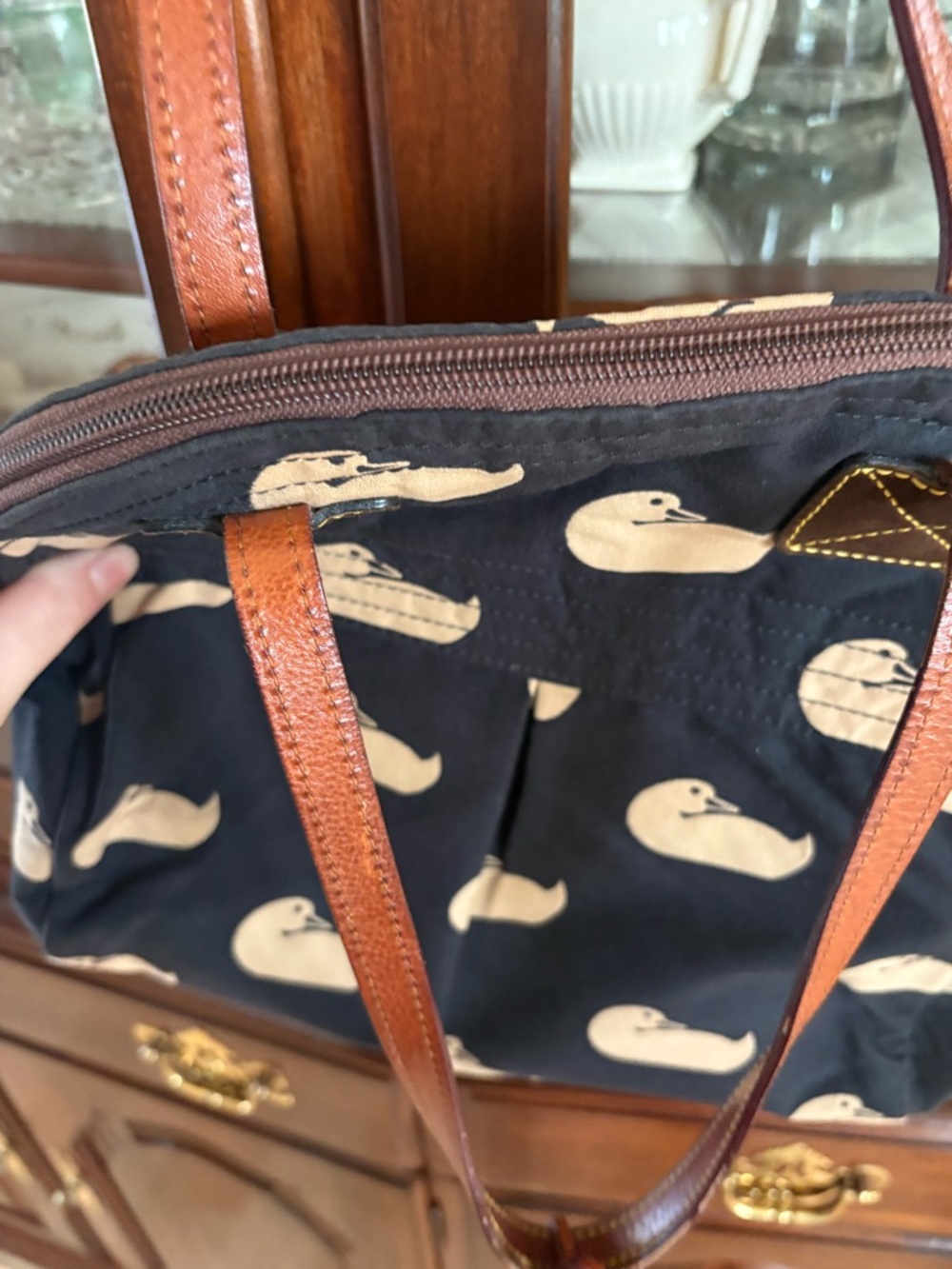 Dooney & Bourke Canvas Victoria Cream Duck Print and Brown Leather Trim - Picture 11 of 14